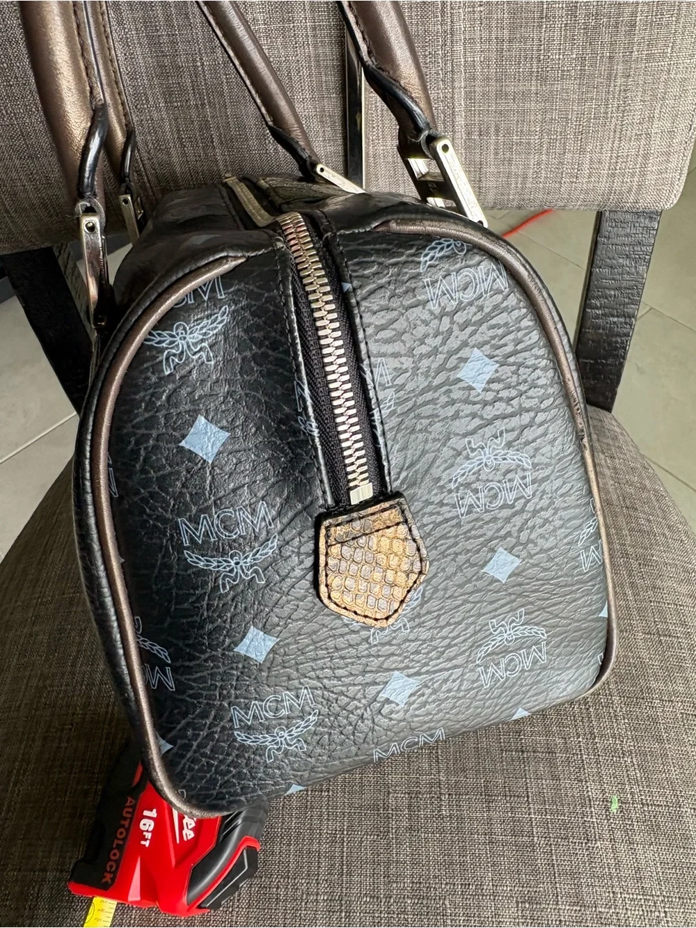 MCM Black Leather Logo Satchel with Brown Handles and Gold Hardware